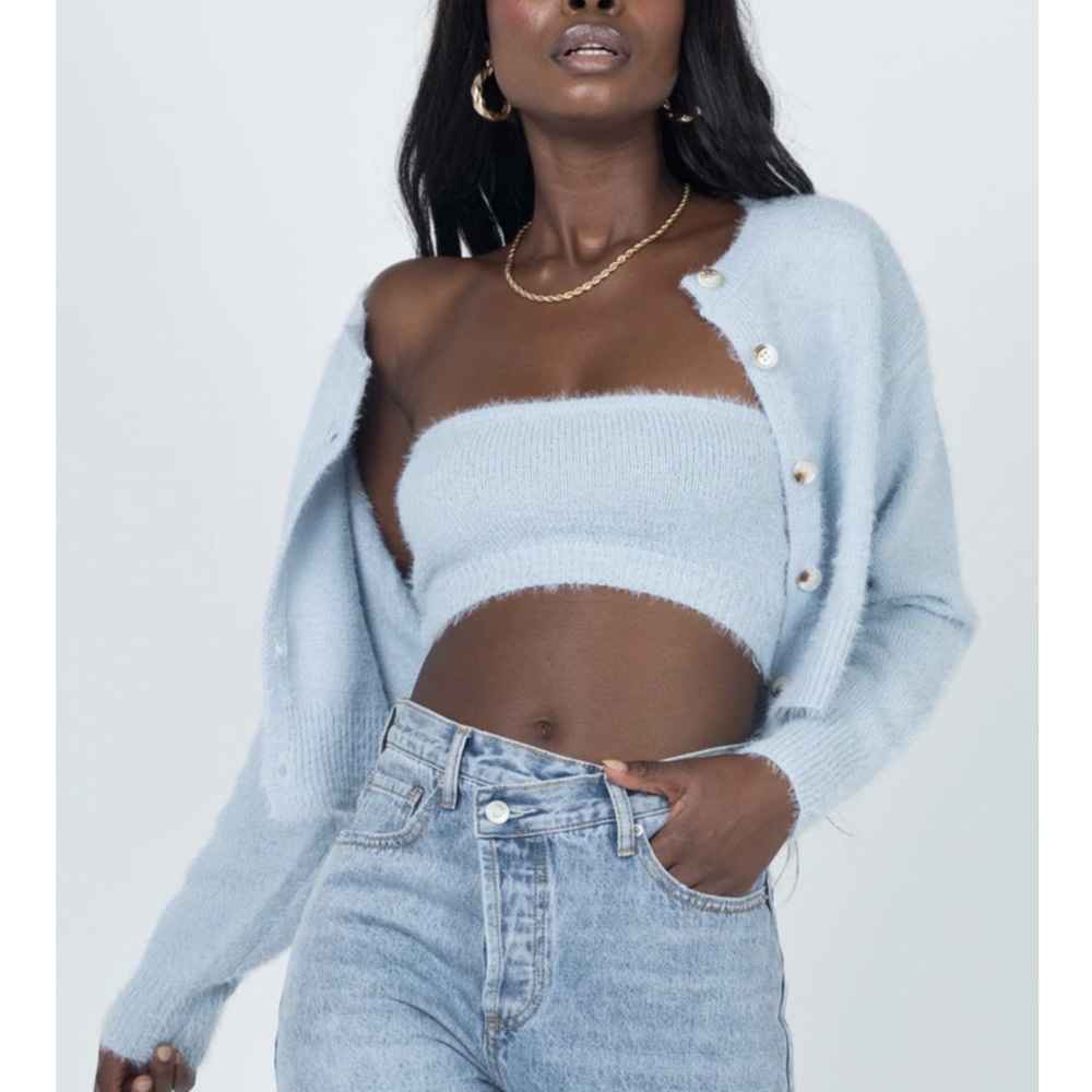 Princess Polly Annie Cropped Fuzzy Sweater Set Blue S/M